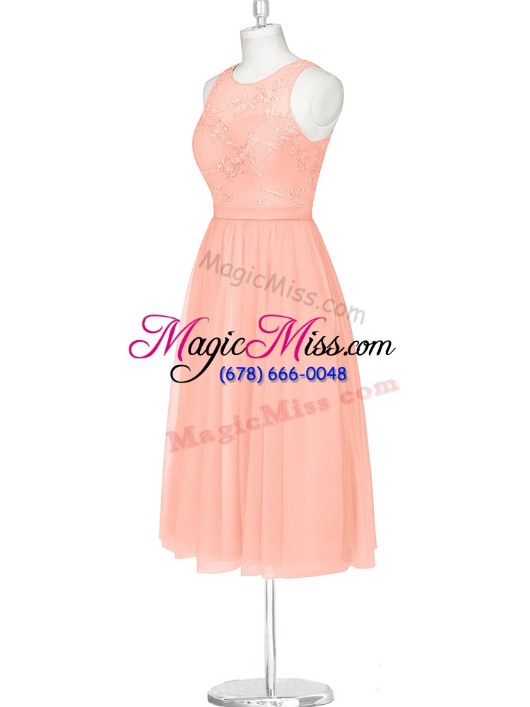 wholesale luxurious scoop sleeveless prom gown mini length lace pink chiffon