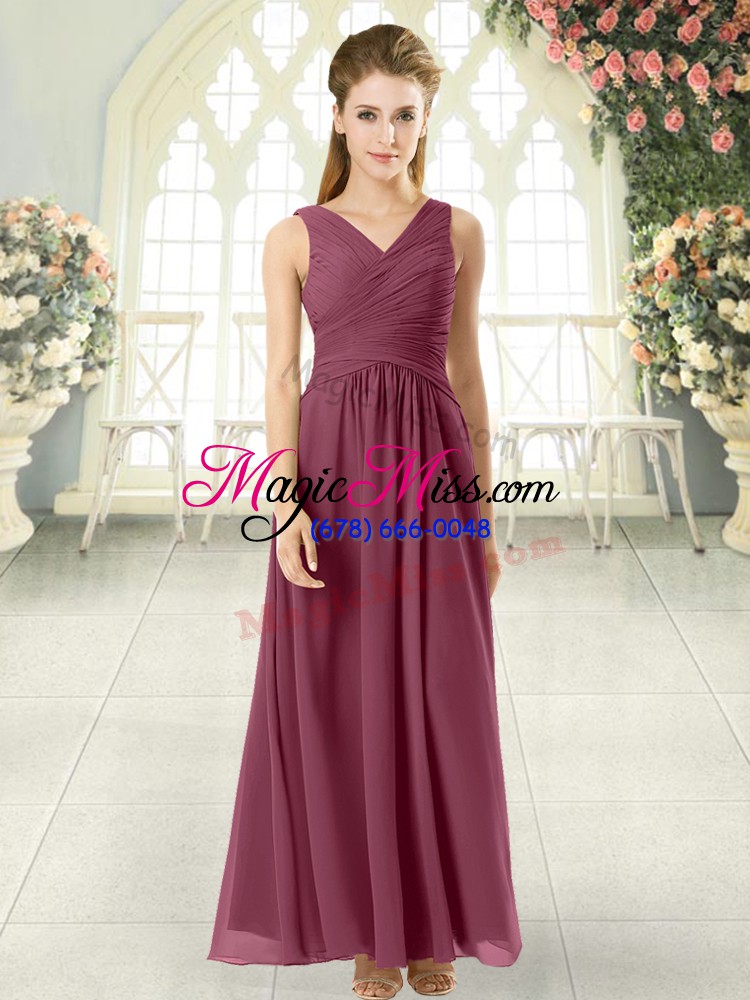 wholesale cheap chiffon v-neck sleeveless zipper ruching juniors evening dress in burgundy