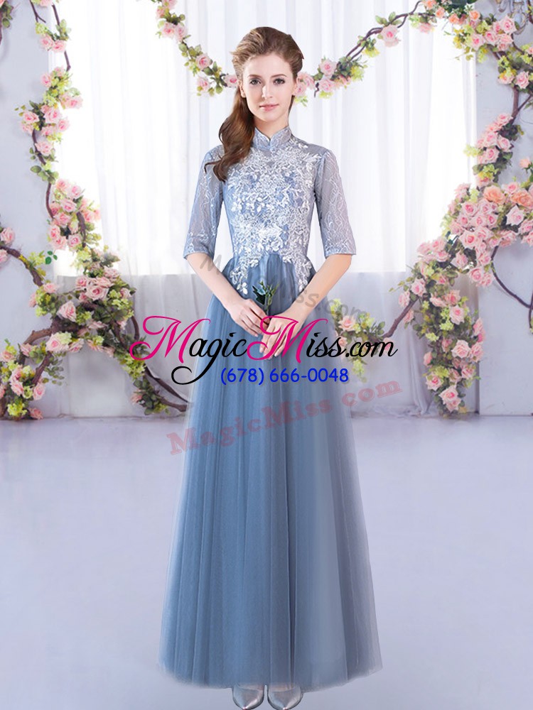 wholesale blue half sleeves lace floor length quinceanera court of honor dress