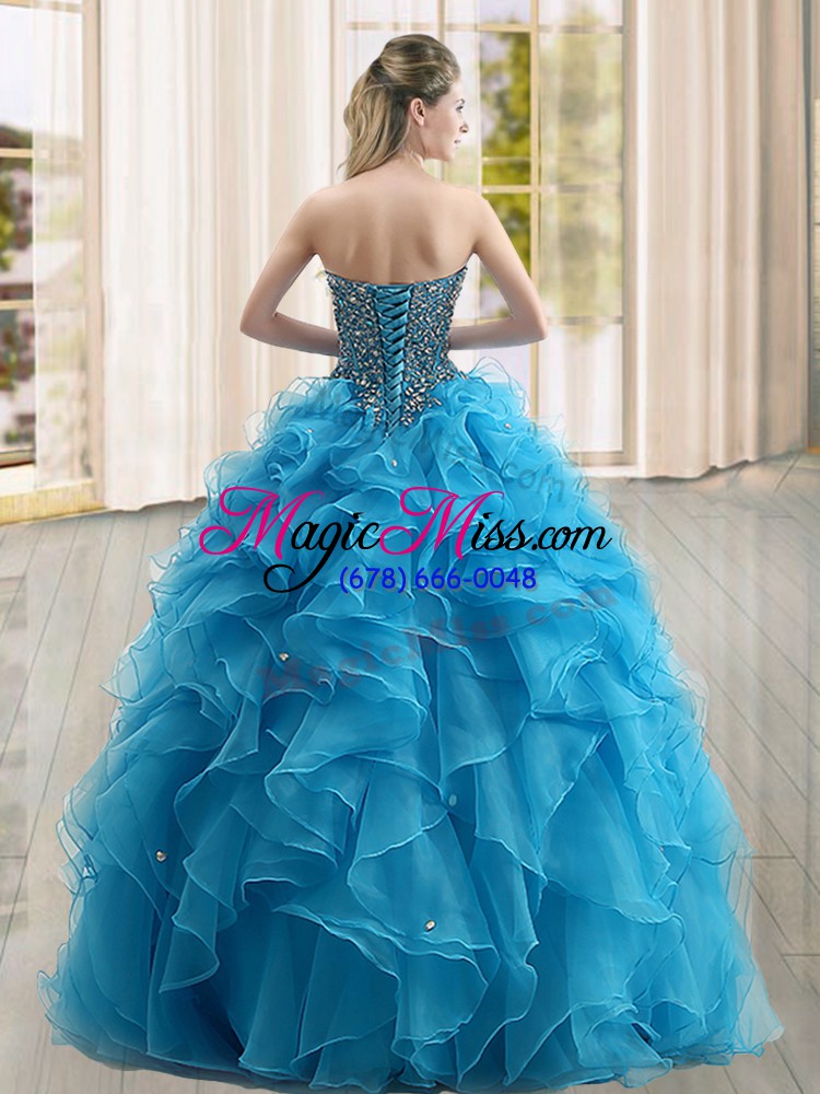wholesale custom made turquoise organza lace up 15th birthday dress sleeveless floor length beading and ruffles