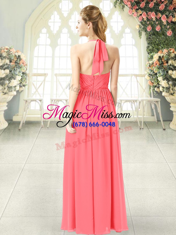 wholesale elegant floor length watermelon red dress for prom chiffon sleeveless ruching