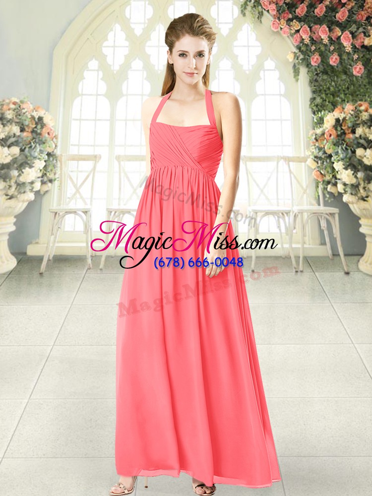 wholesale elegant floor length watermelon red dress for prom chiffon sleeveless ruching