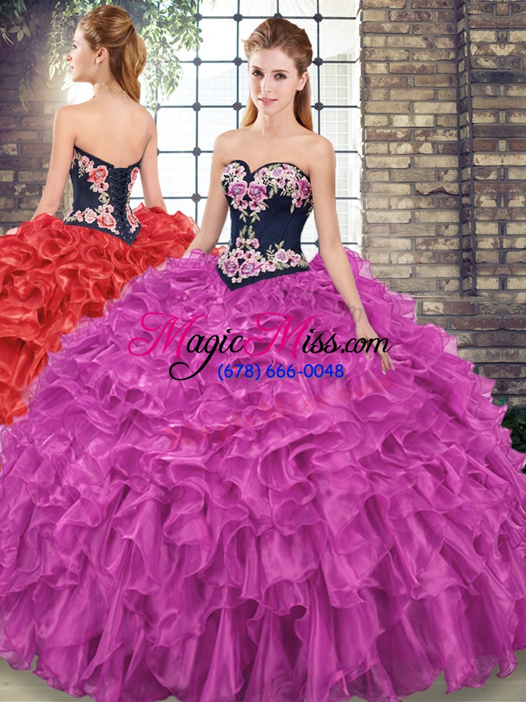 wholesale fuchsia sweetheart neckline embroidery and ruffles quinceanera gown sleeveless lace up