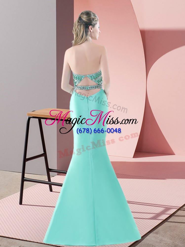 wholesale trendy blue and apple green two pieces satin halter top sleeveless beading backless evening dress sweep train