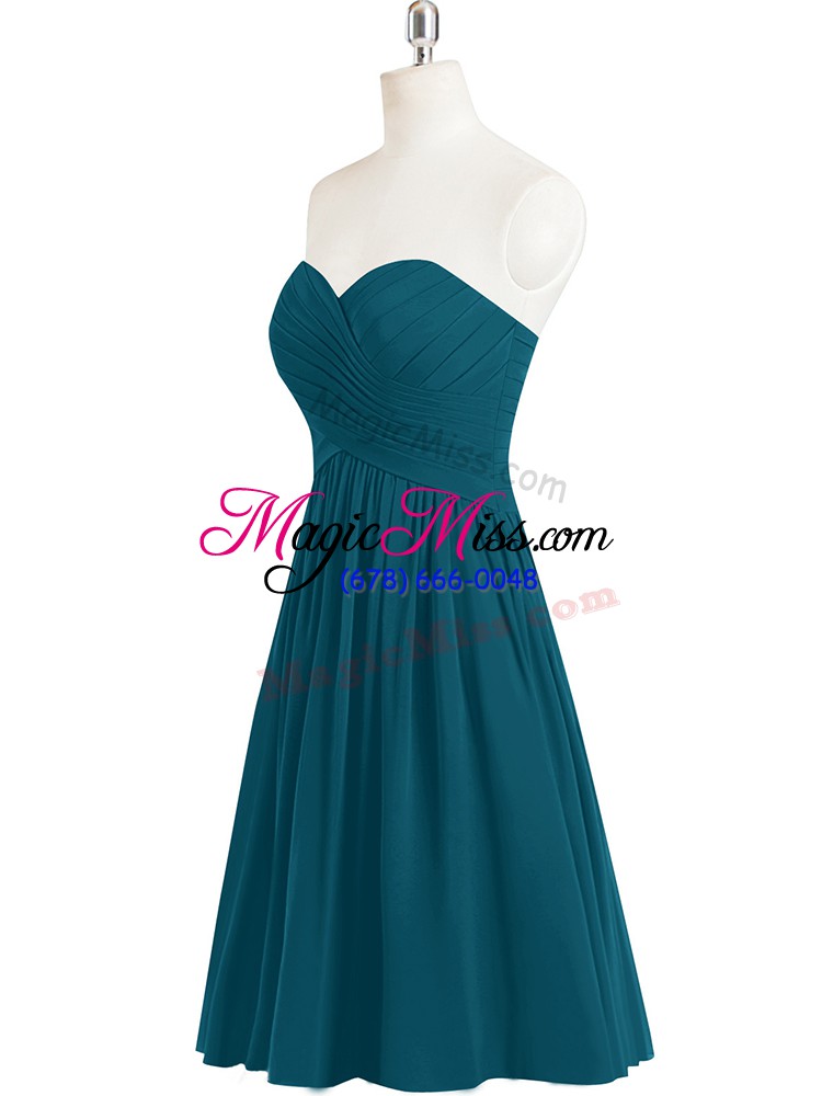wholesale sleeveless chiffon knee length zipper homecoming dress in teal with pleated