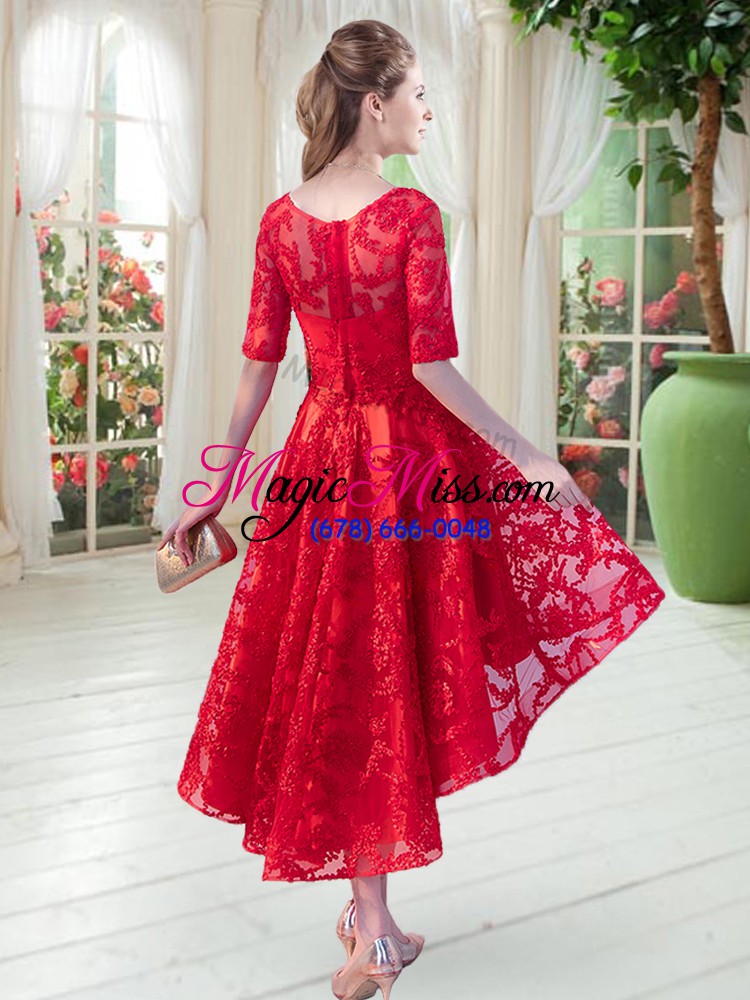 wholesale latest fuchsia half sleeves high low lace zipper prom gown