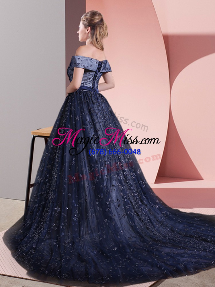 wholesale adorable off the shoulder sleeveless dress for prom court train beading navy blue tulle