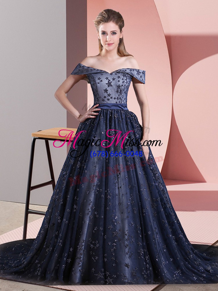 wholesale adorable off the shoulder sleeveless dress for prom court train beading navy blue tulle