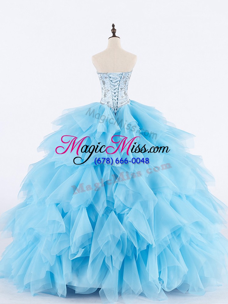 wholesale clearance baby blue sleeveless floor length beading and ruffles lace up quinceanera gowns