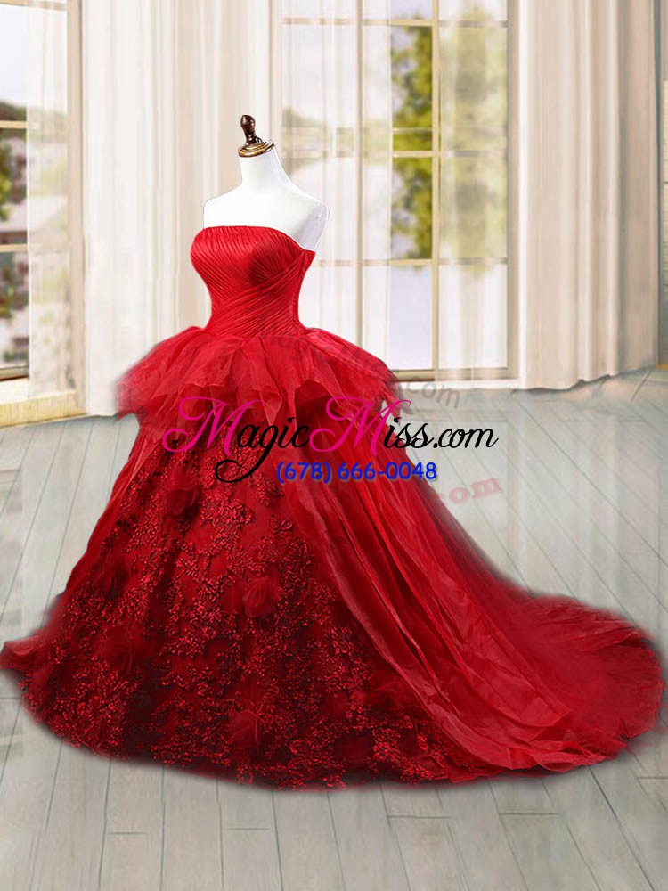 wholesale attractive wine red ball gowns strapless sleeveless tulle brush train lace up lace and ruffles vestidos de quinceanera