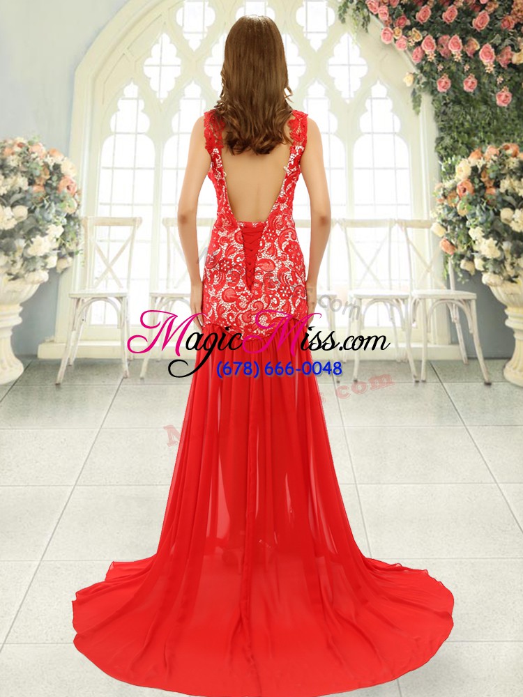 wholesale cute chiffon scoop sleeveless brush train backless lace prom gown in blue
