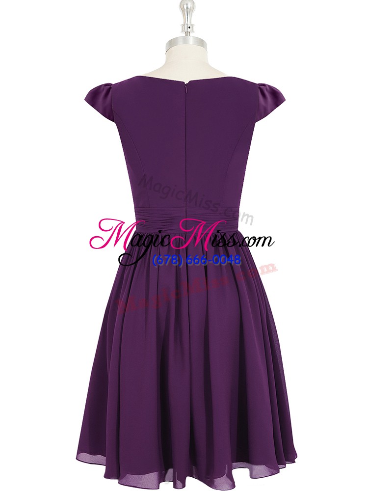 wholesale flare purple empire v-neck cap sleeves chiffon mini length zipper ruching prom evening gown