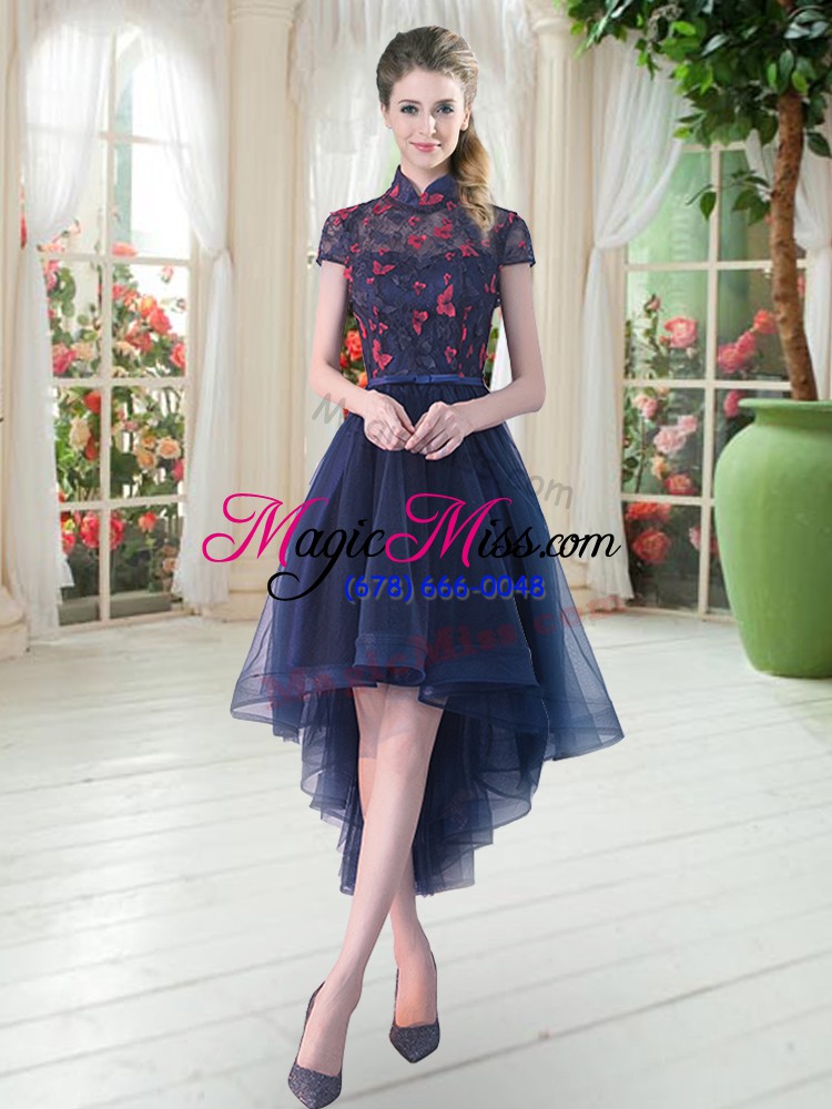 wholesale high quality high low a-line short sleeves navy blue homecoming dress zipper