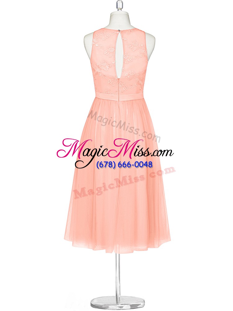 wholesale lace evening dress peach zipper sleeveless tea length