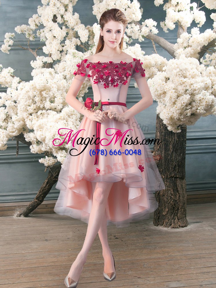 wholesale beauteous pink a-line appliques dress for prom lace up tulle short sleeves high low