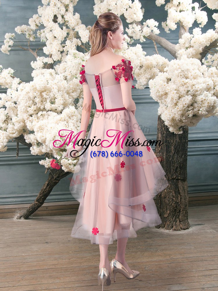 wholesale beauteous pink a-line appliques dress for prom lace up tulle short sleeves high low