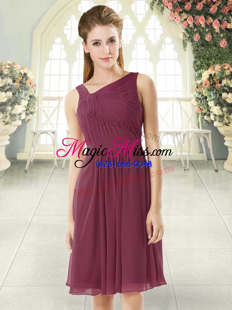 wholesale sophisticated knee length burgundy prom gown asymmetric sleeveless zipper