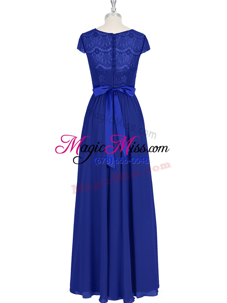 wholesale royal blue cap sleeves floor length lace zipper evening dress