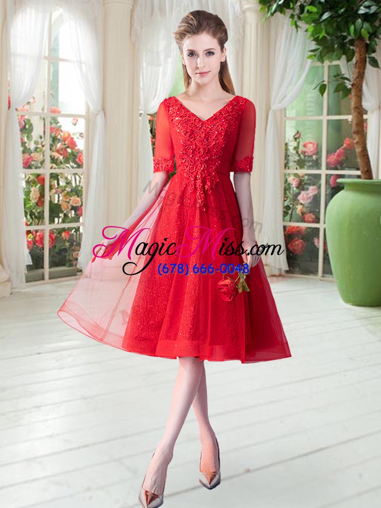wholesale elegant red a-line v-neck half sleeves tulle knee length lace up beading and appliques prom gown
