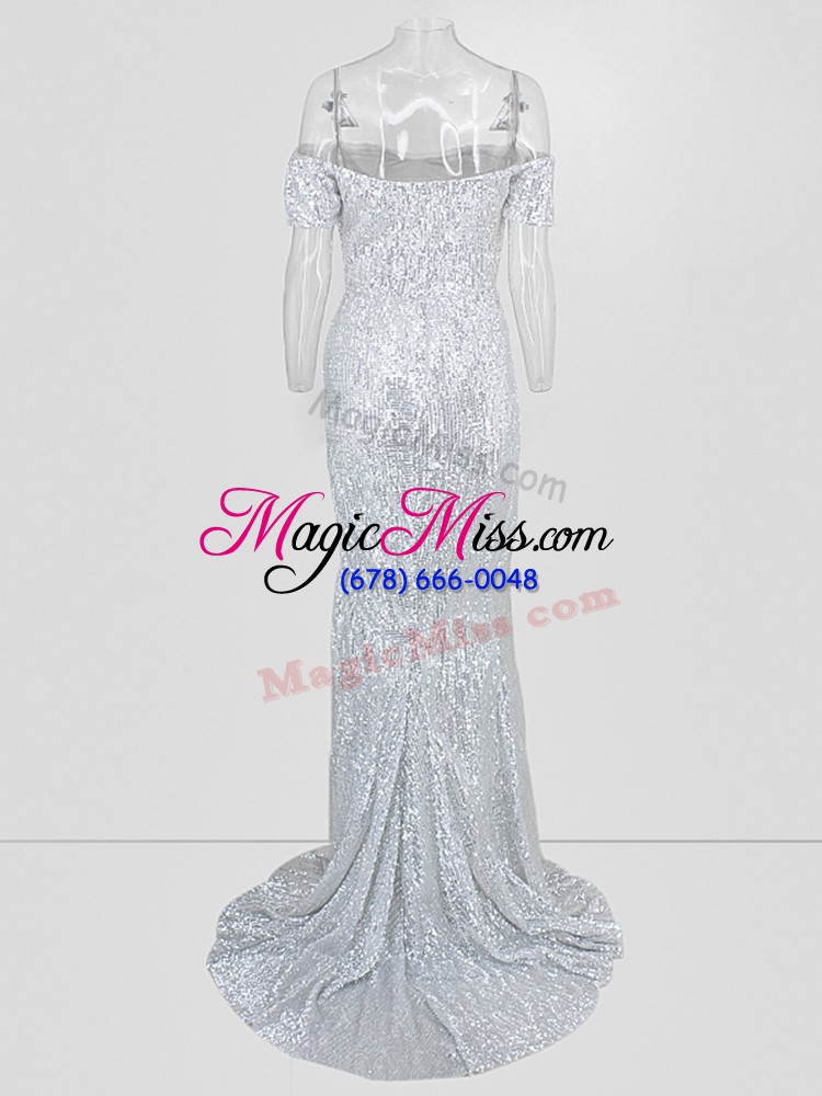wholesale sexy off the shoulder short sleeves prom dresses sweep train sequins silver