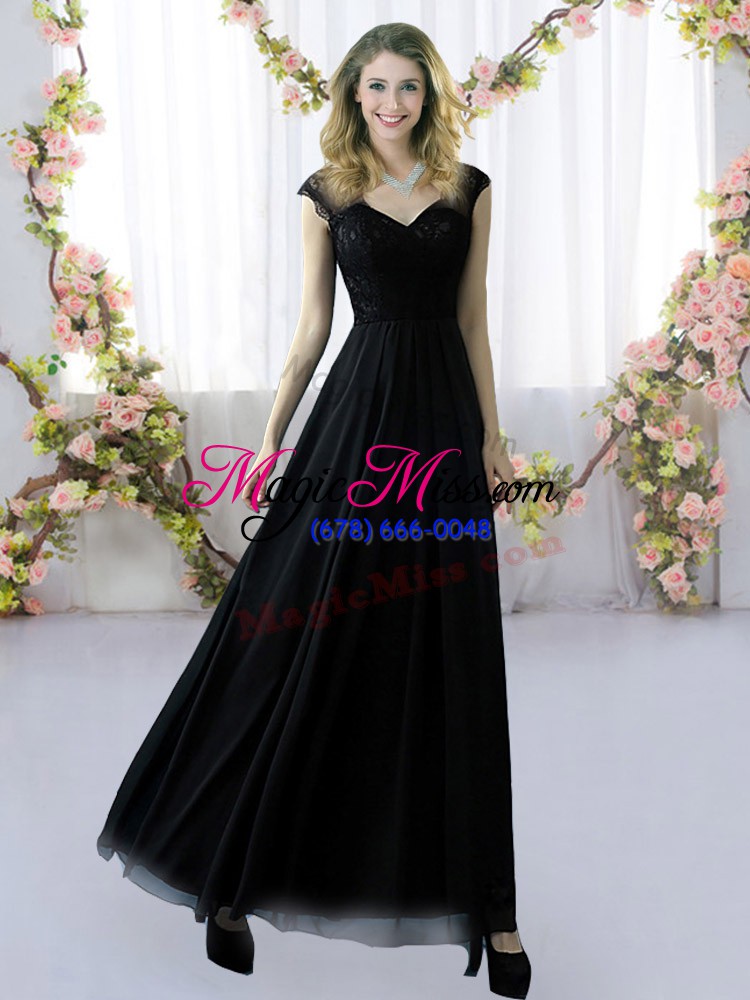 wholesale pretty lace quinceanera dama dress black zipper cap sleeves floor length