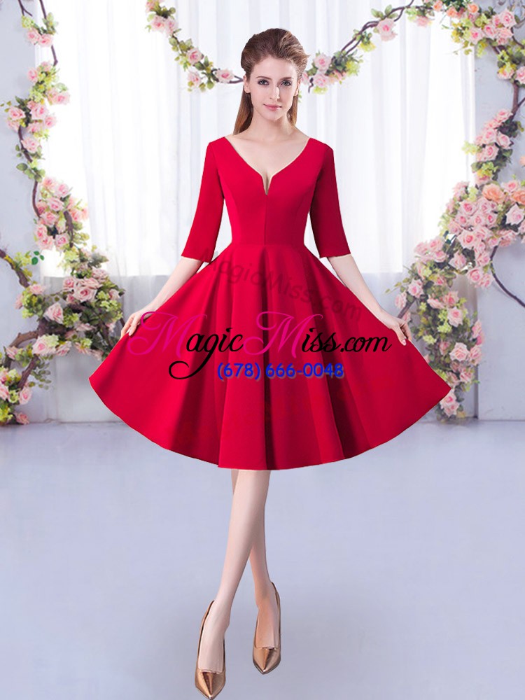 wholesale stunning red satin zipper v-neck half sleeves knee length vestidos de damas ruching