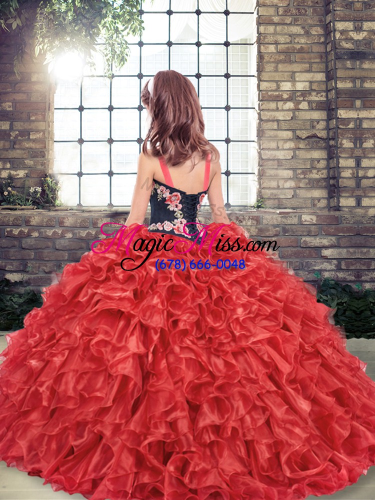 wholesale dramatic red ball gowns organza straps sleeveless embroidery and ruffles floor length lace up kids pageant dress
