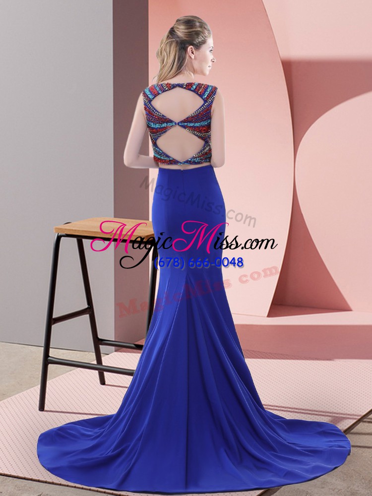 wholesale scoop sleeveless satin dress for prom beading sweep train backless