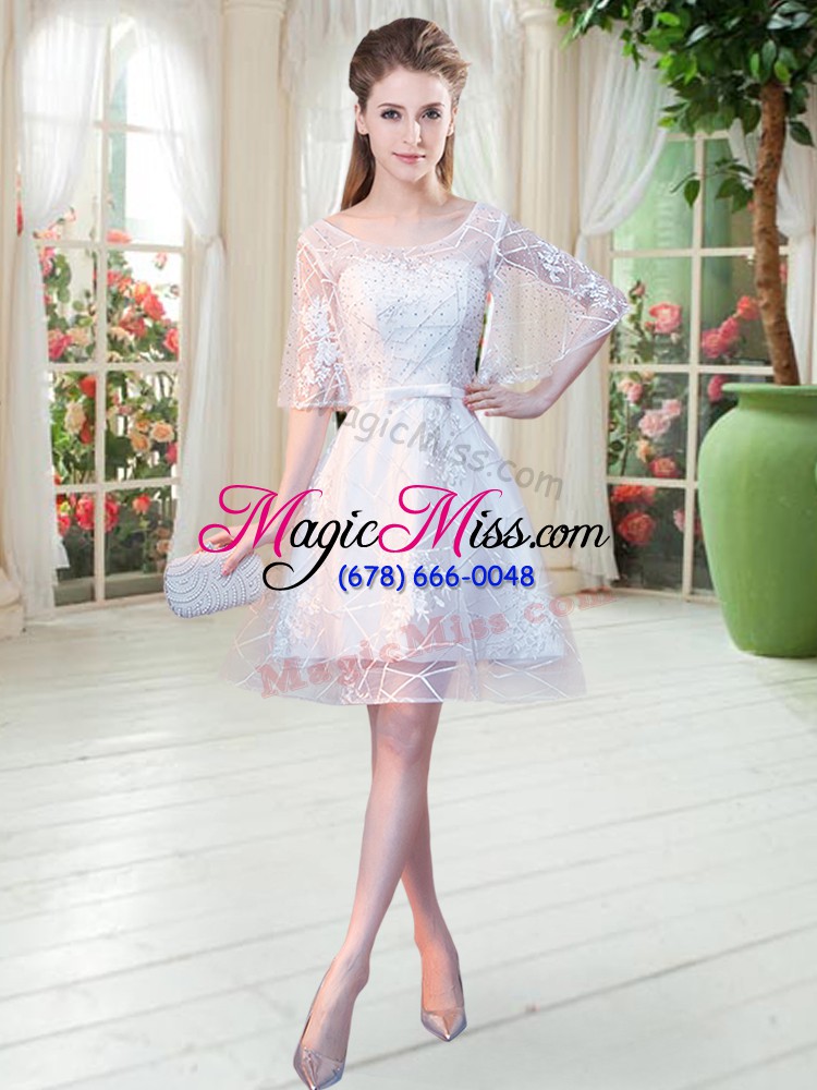 wholesale hot sale scoop half sleeves prom party dress knee length beading white lace