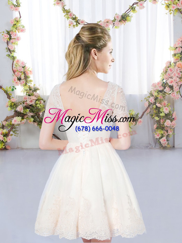 wholesale sexy tulle scoop short sleeves lace up lace bridesmaid dress in champagne