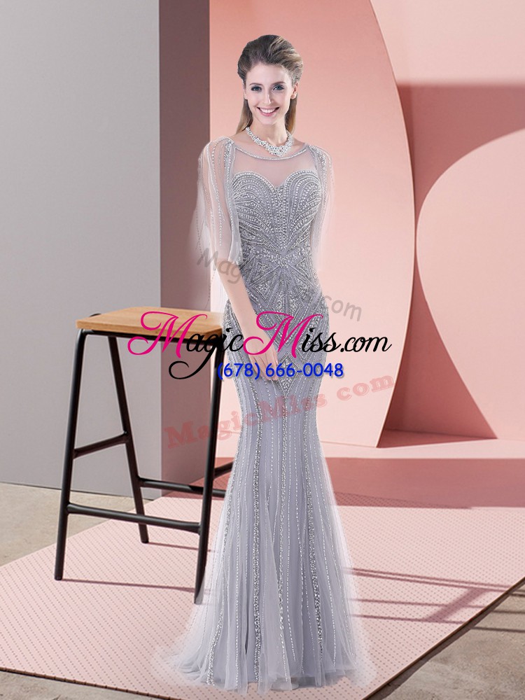 wholesale tulle scoop half sleeves sweep train zipper beading going out dresses in grey