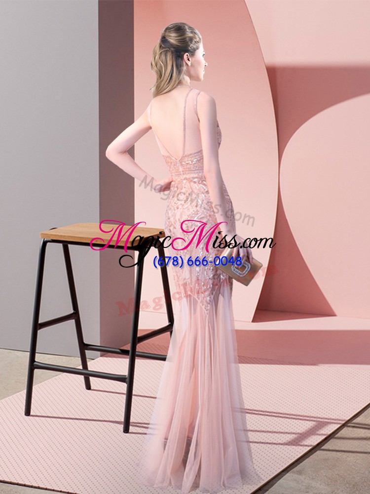 wholesale custom made pink sleeveless tulle backless prom dress for prom and party