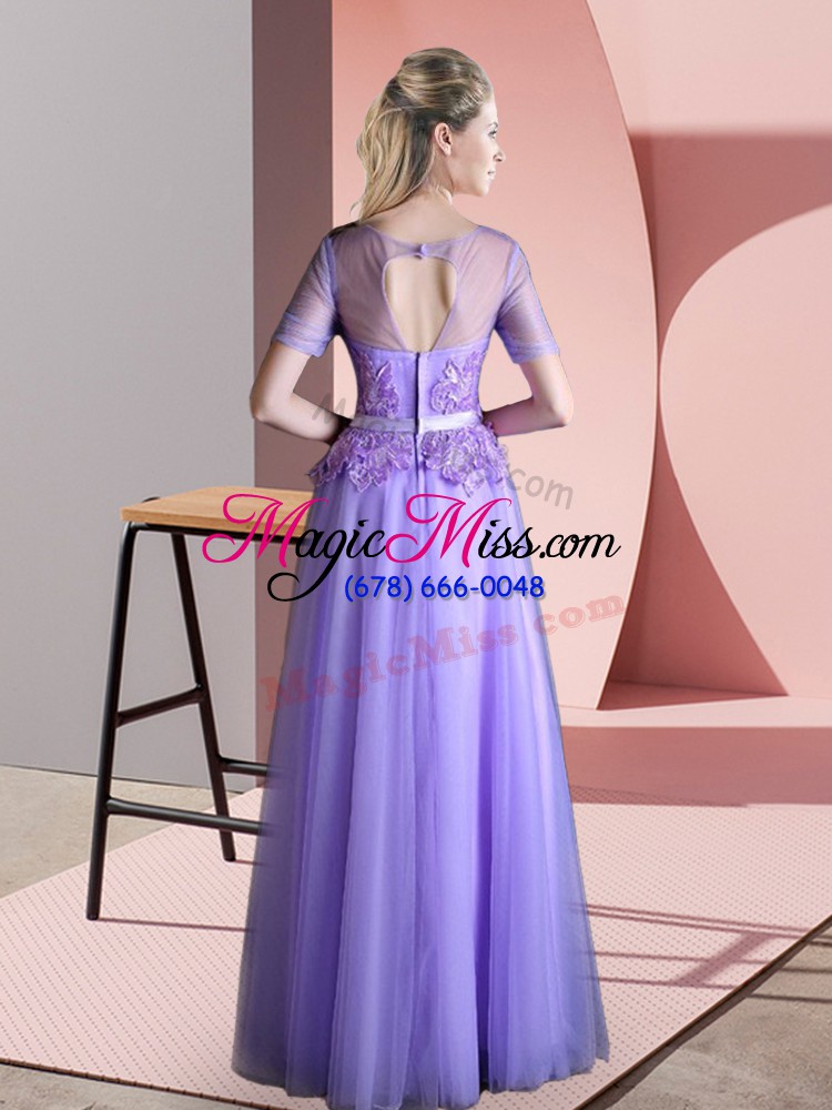 wholesale exceptional scoop short sleeves backless prom evening gown lavender tulle