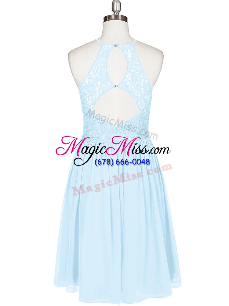 wholesale best selling light blue a-line chiffon halter top sleeveless lace mini length backless prom evening gown