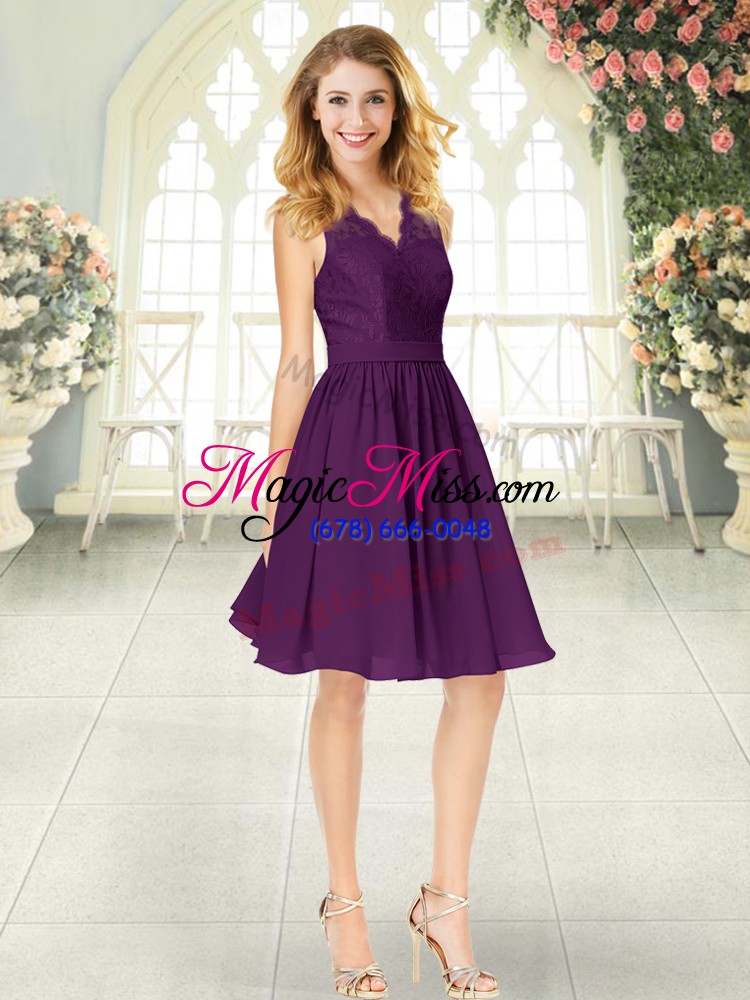 wholesale adorable purple empire off the shoulder sleeveless chiffon knee length zipper lace evening dress