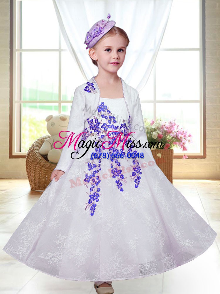 wholesale straps sleeveless toddler flower girl dress ankle length embroidery white lace