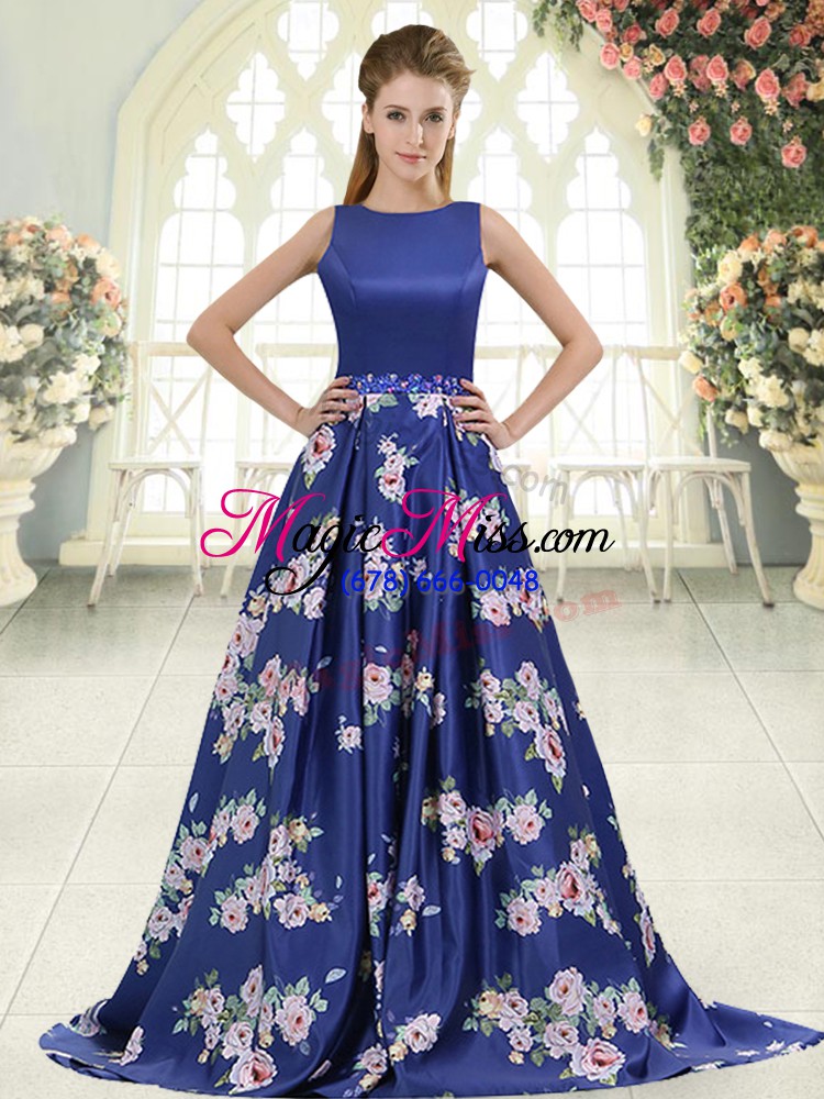 wholesale spectacular a-line sleeveless royal blue evening dress brush train backless