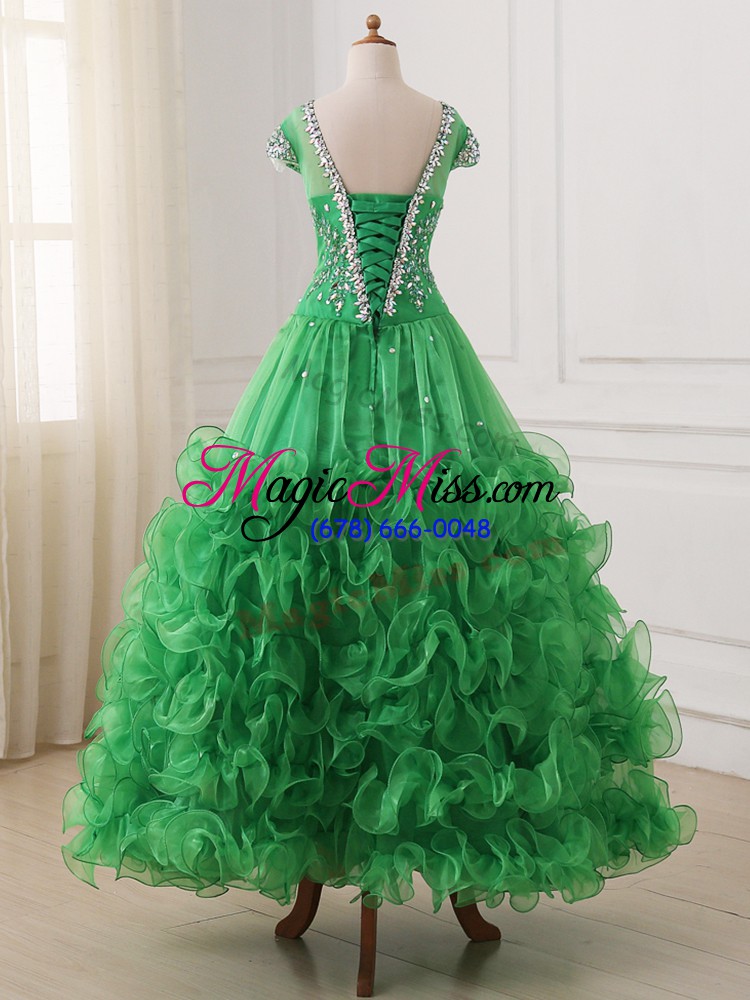 wholesale wonderful green cap sleeves beading and ruffles floor length pageant dress for teens