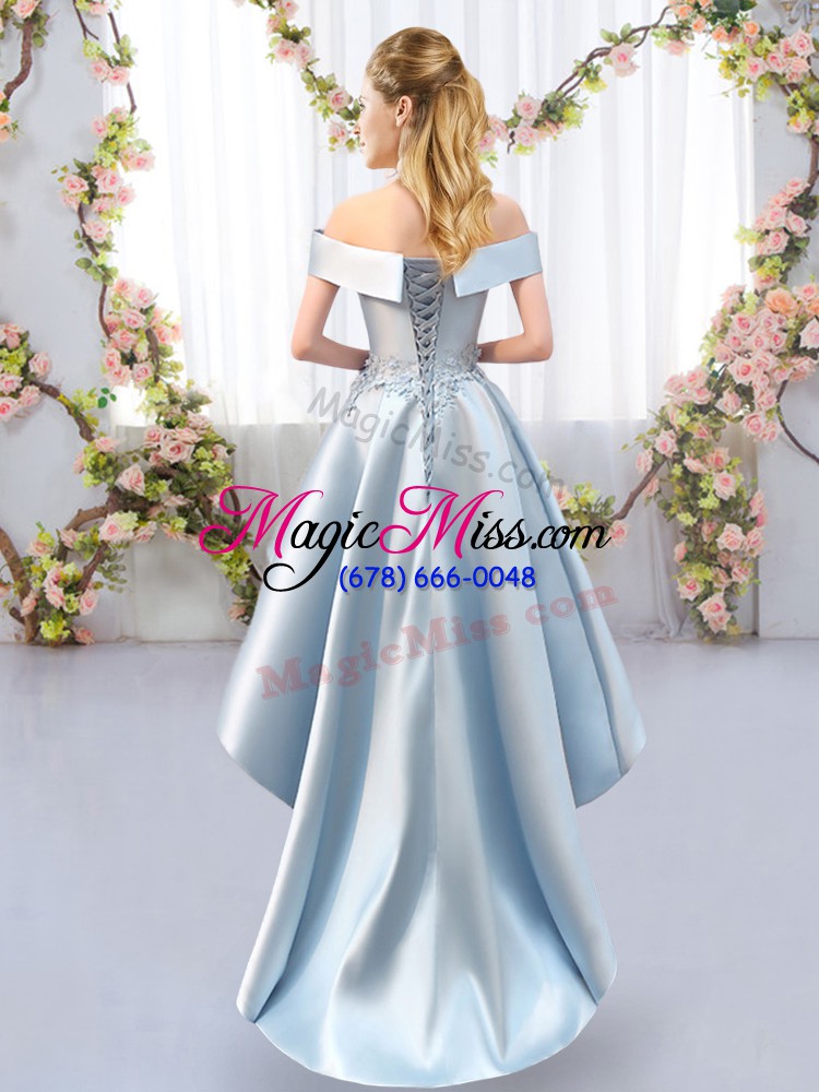 wholesale sweet light blue satin lace up off the shoulder sleeveless high low bridesmaid dress appliques