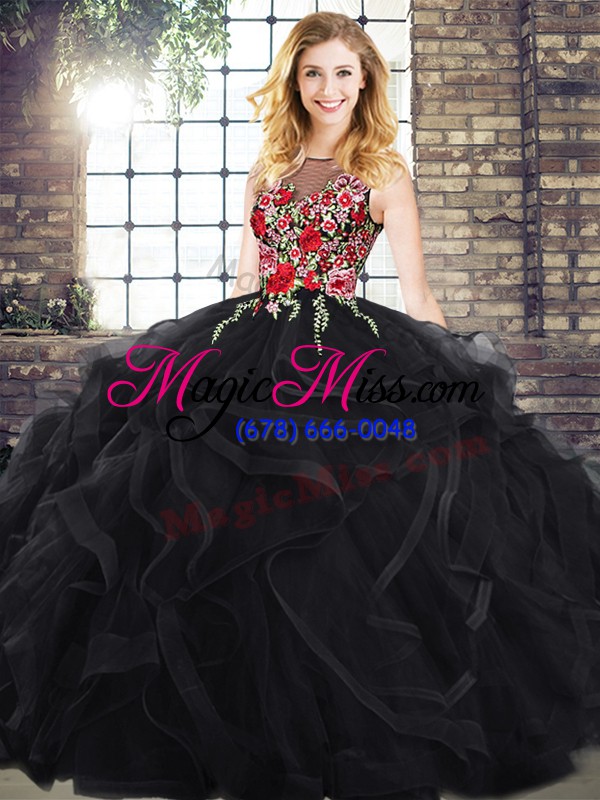 wholesale exceptional black sleeveless embroidery and ruffles vestidos de quinceanera