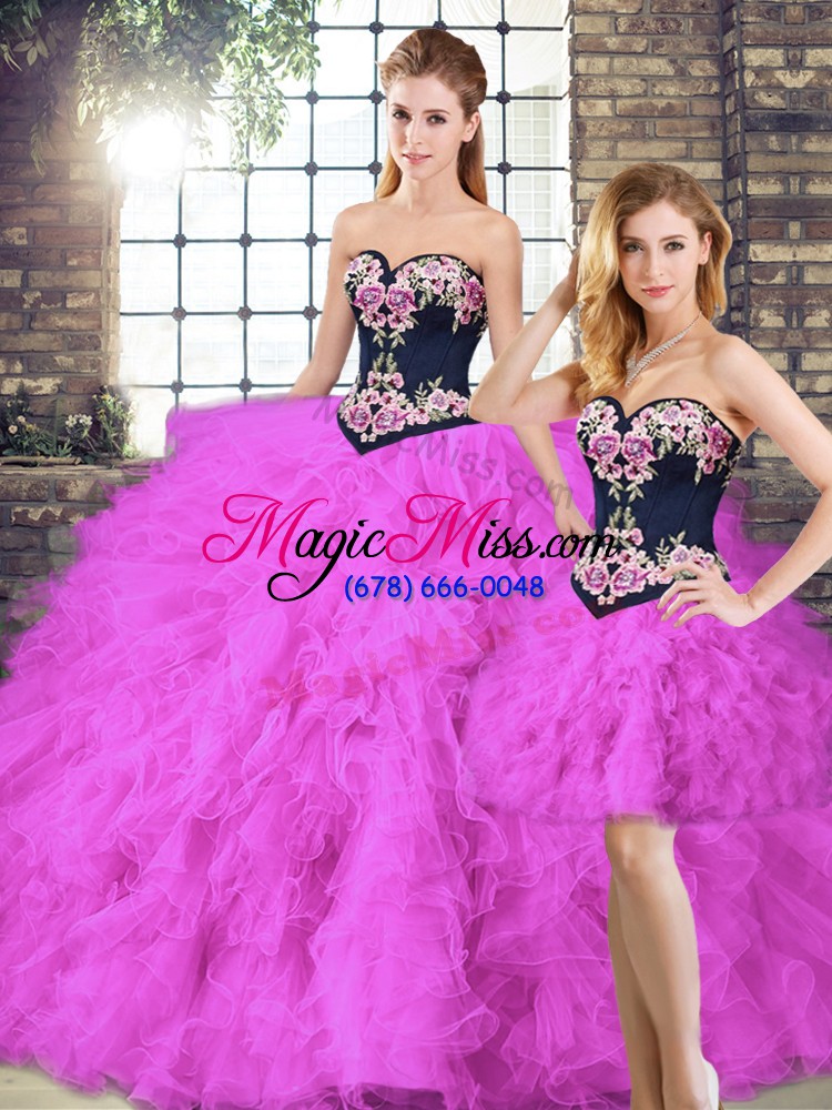 wholesale customized fuchsia lace up sweetheart beading and embroidery ball gown prom dress tulle sleeveless