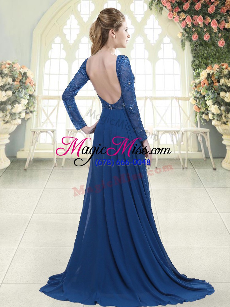 wholesale sweep train a-line prom dresses royal blue sweetheart chiffon long sleeves backless