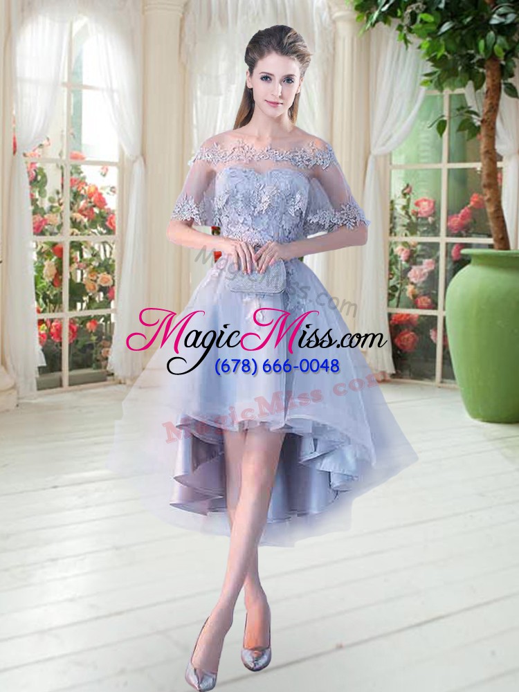 wholesale modest half sleeves high low appliques lace up evening dress with light blue