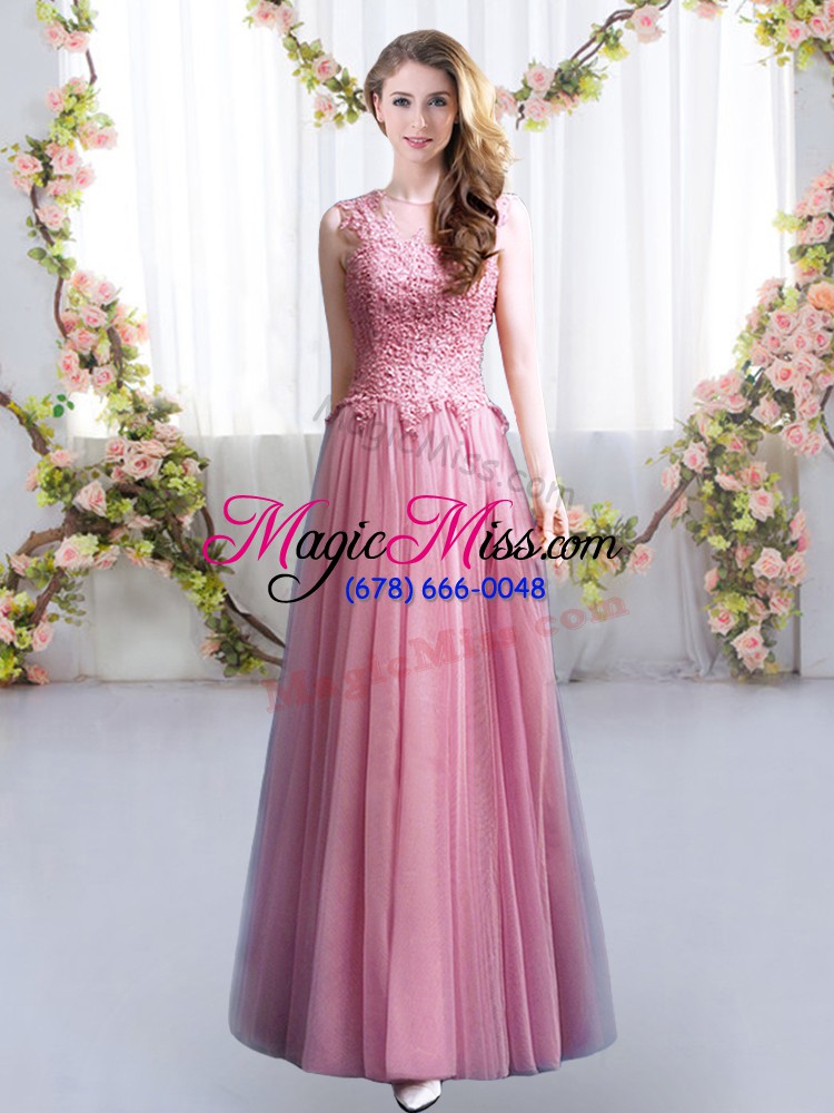 wholesale sleeveless tulle floor length lace up quinceanera court of honor dress in pink with lace
