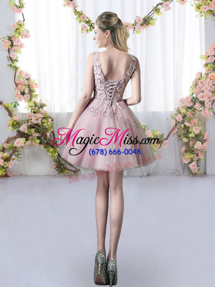 wholesale mini length pink quinceanera dama dress tulle sleeveless appliques