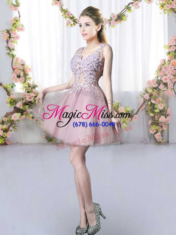 wholesale mini length pink quinceanera dama dress tulle sleeveless appliques