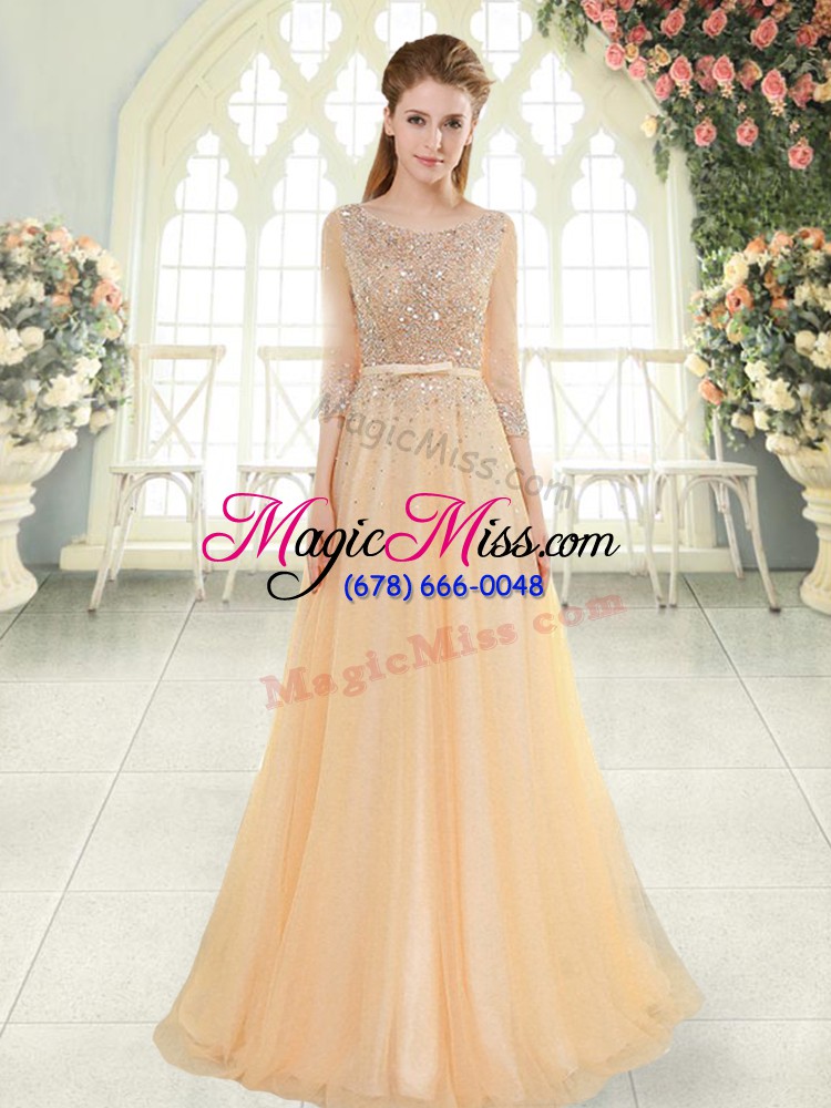 wholesale eye-catching scoop 3 4 length sleeve prom gown sweep train beading champagne tulle