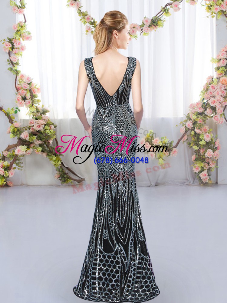 wholesale black mermaid v-neck sleeveless floor length backless sequins damas dress