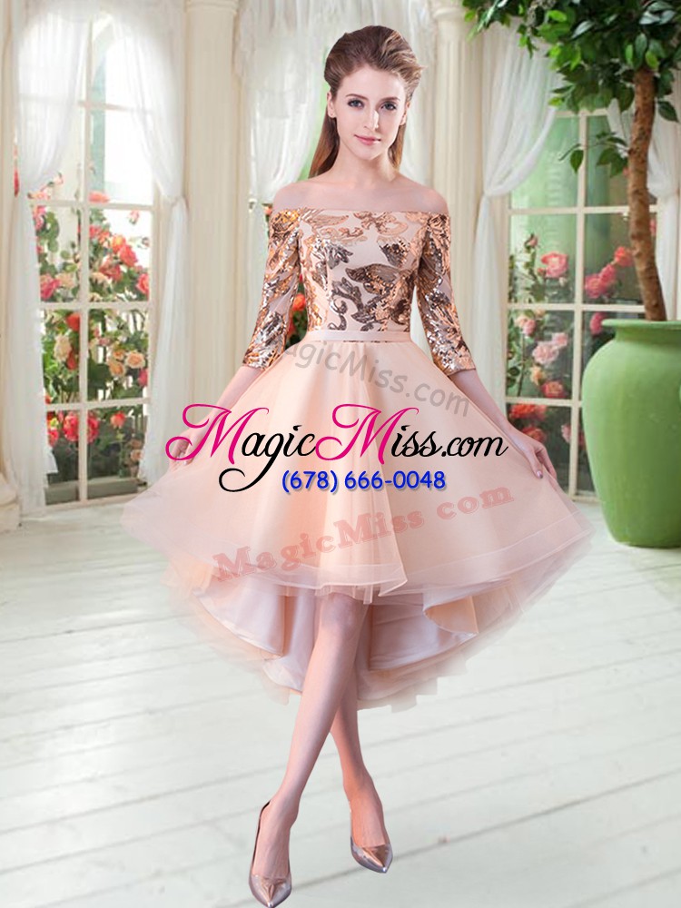 wholesale peach lace up prom party dress sequins 3 4 length sleeve high low