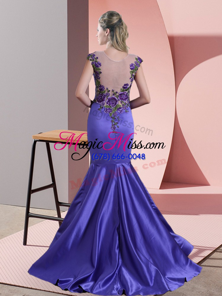 wholesale sleeveless satin sweep train side zipper prom evening gown in eggplant purple with appliques